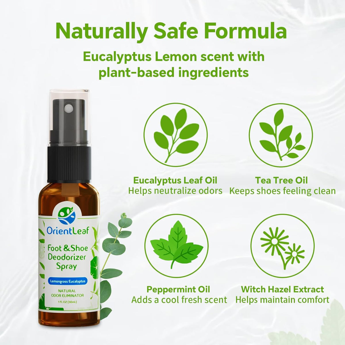 ORIENTLEAF Shoe Deodorizer Spray, Shoe Odor Eliminator for Smelly Shoes, Men, Women, Teenagers, 4 Fl Oz & 1 Fl Oz, Travel Essentials Refresher Spray, Eucalyptus Lemongrass