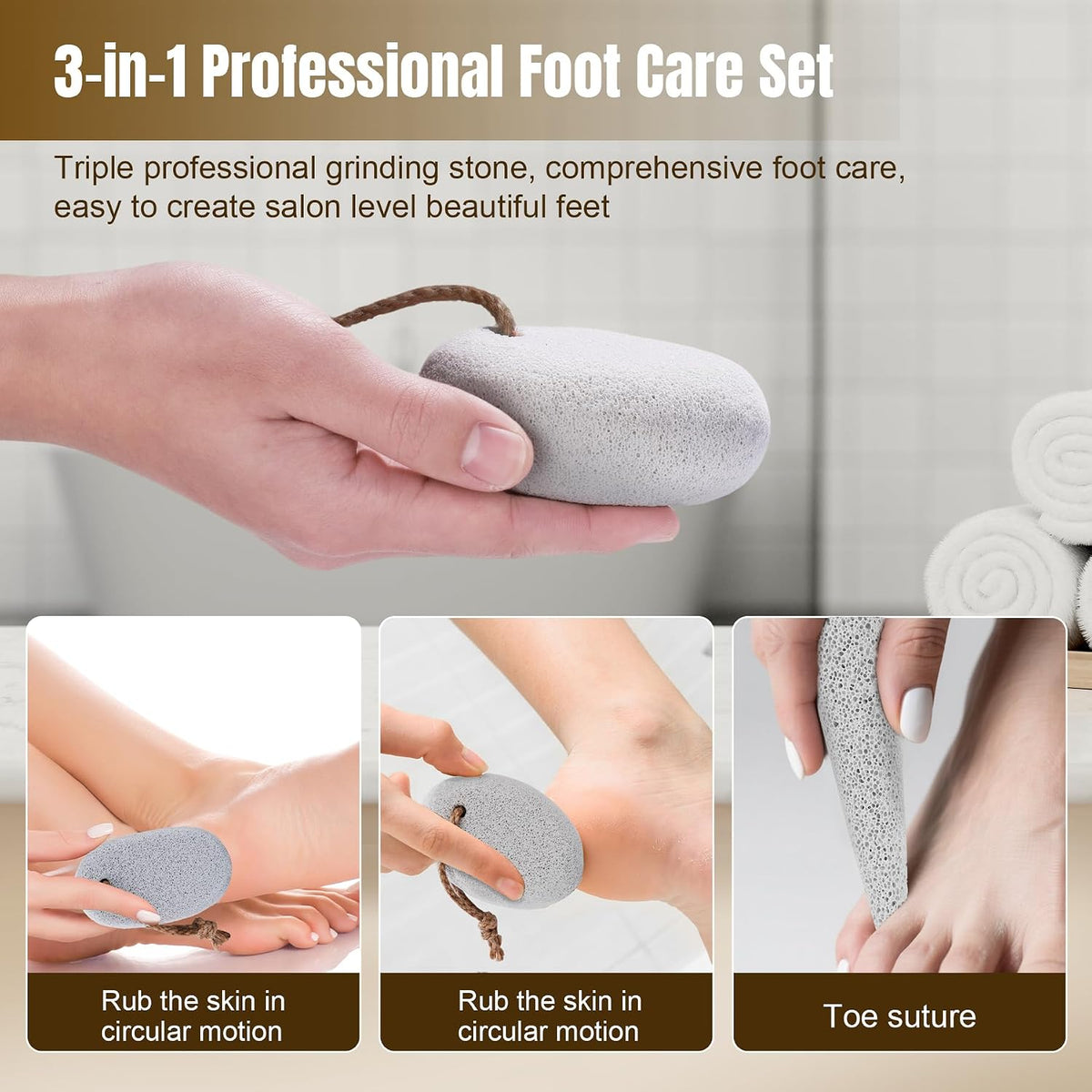 DEBETOOL 3-Pack Natural Volcanic Foot Pumice Stone Set, Round, Oval & Cone