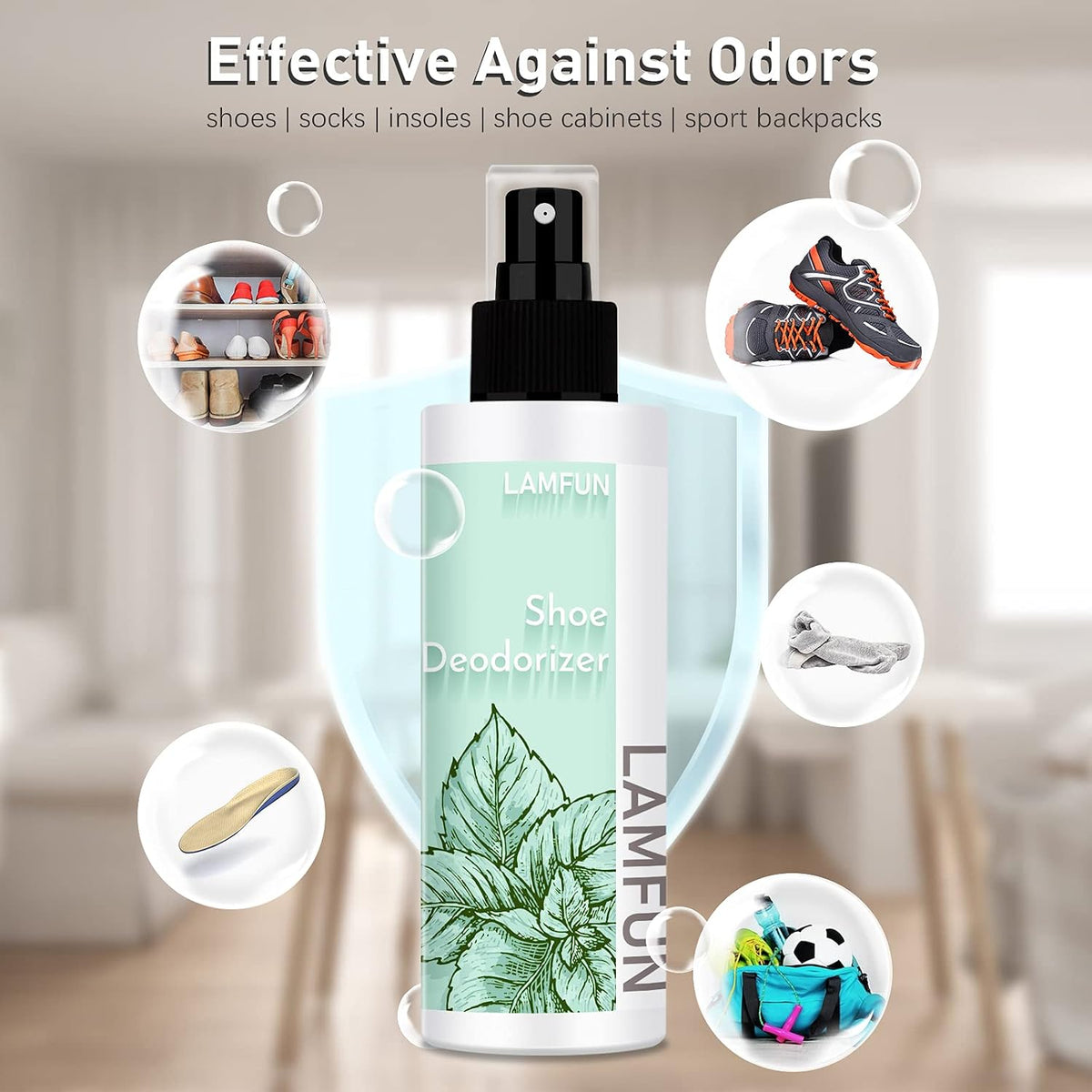 Shoe Odor Eliminator, Natural Shoe Deodorizer Spray for Stinky Sneakers or Smelly Feet, Foot Deodorant Fight All Odors, Peppermint, 150ml