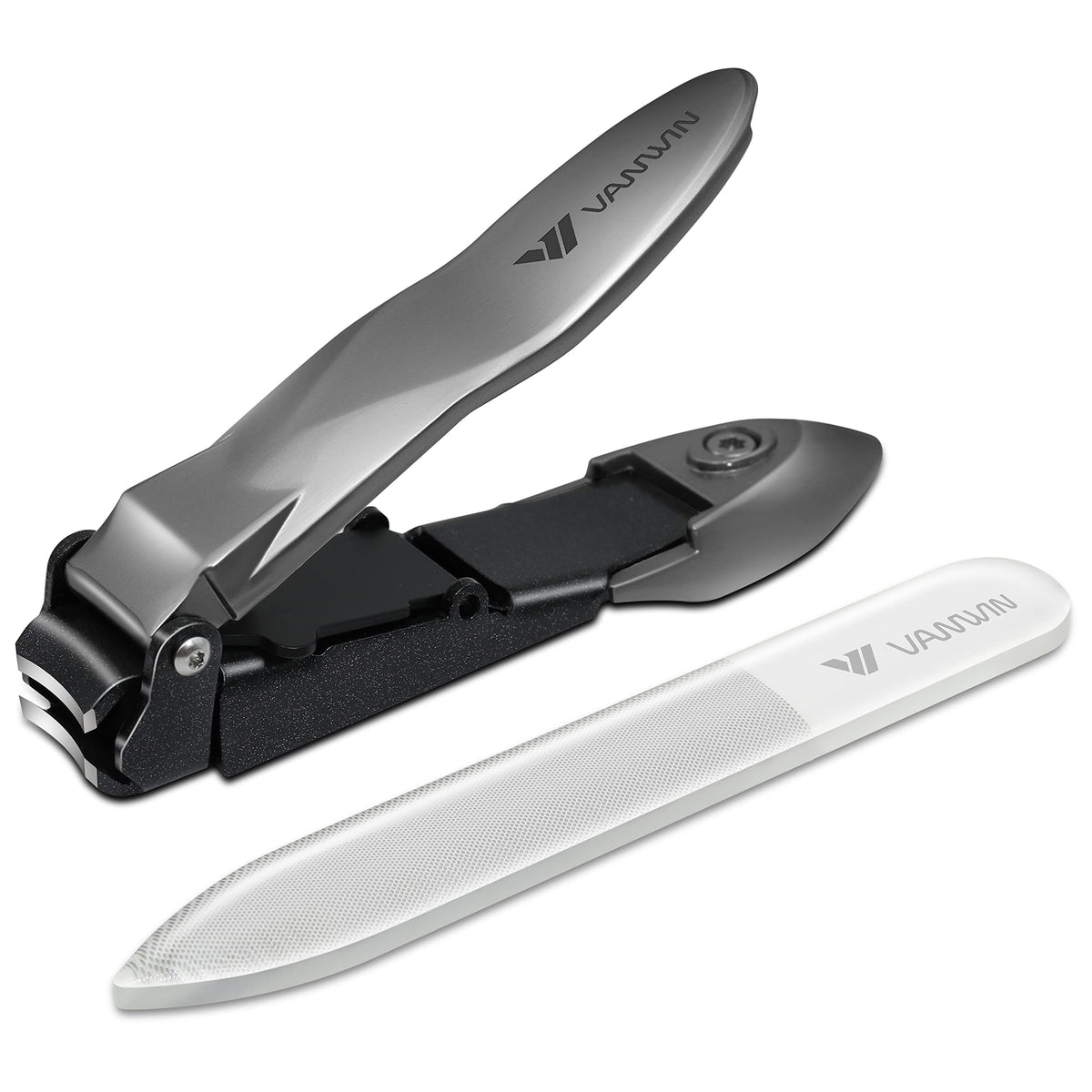 Nail Clippers with Catcher, No Splash Fingernail Toenail Clippers with Sharp Curved Blade and Glass Nail File, Wide Jaw Opening Stainless Steel Nail Cutter Trimmer for Seniors Adult Men Women