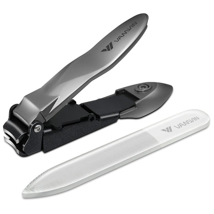 Nail Clippers with Catcher, No Splash Fingernail Toenail Clippers with Sharp Curved Blade and Glass Nail File, Wide Jaw Opening Stainless Steel Nail Cutter Trimmer for Seniors Adult Men Women