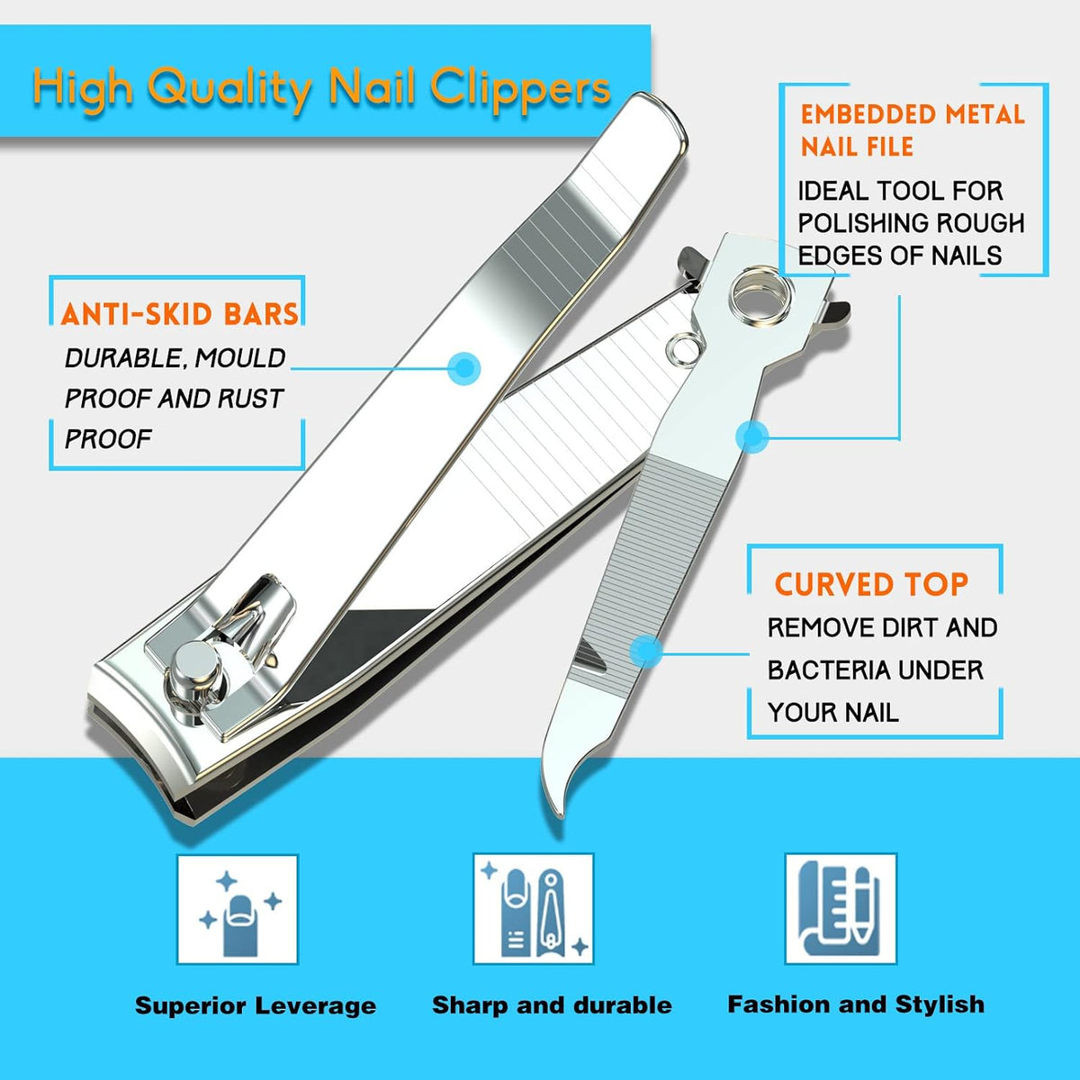 FiriKer 2PCS Silvery Nail Clippers Set, Fingernail and Toenail Clippers