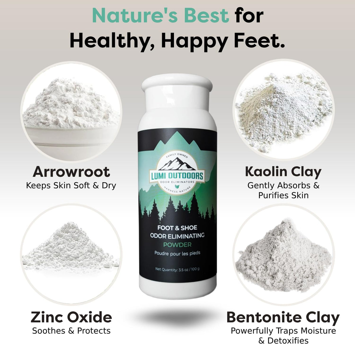 Lumi Outdoors Natural Foot Powder Deodorizer & Shoe Odor Eliminator - Talc Free Foot Deodorant