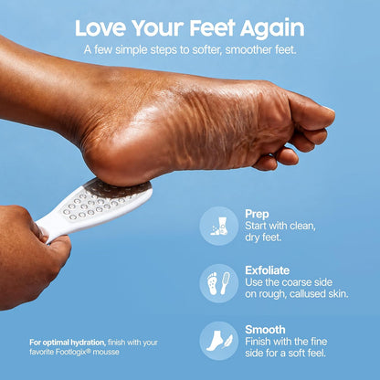 Footlogix Double-Sided Stainless Steel Foot File with Rubberized Handle – Coarse & Fine Grit Foot Exfoliator for Dry, Rough Skin | Professional Pedicure Tool | Lightweight, Easy to Clean
