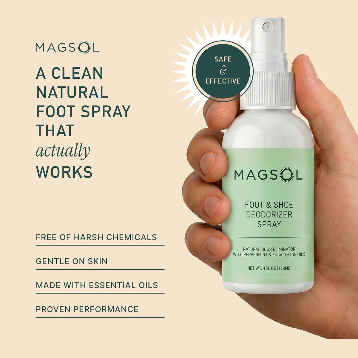 Magsol Natural Shoe Deodorizer & Foot Spray, Peppermint, Tea Tree & Eucalyptus Essential Oil Odor Eliminator for Sneakers, Work Boots & Gym Bags, Fast-Acting Foot Deodorant, 4 Fl Oz