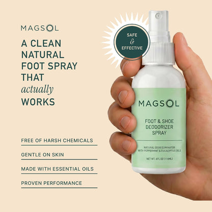 Magsol Natural Shoe Deodorizer & Foot Spray, Peppermint, Tea Tree & Eucalyptus Essential Oil Odor Eliminator for Sneakers, Work Boots & Gym Bags, Fast-Acting Foot Deodorant, 4 Fl Oz