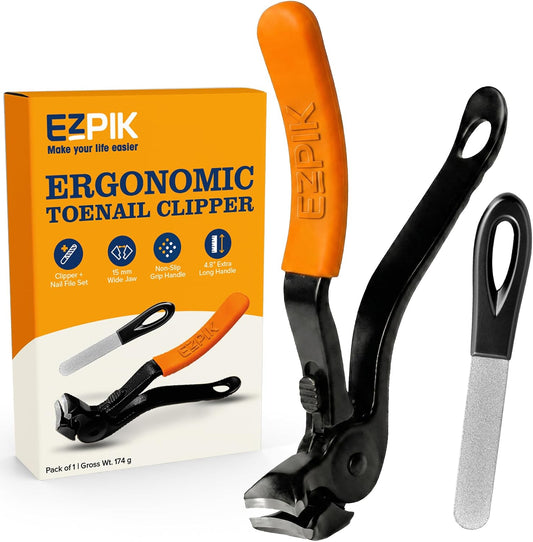 EZPIK Thick Toe Nail Clippers for Seniors, Nail Repair & Nail Care Set with File, Ergonomic Nail Cutter, 4.8" Long Handle, Angled Head & Stainless Steel Blades for Weak & Arthritic Hands