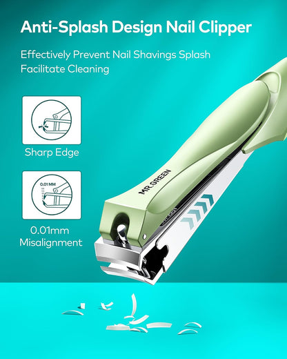 MR.GREEN Nail Clippers with Nail File,Anti Splash Nail Clipper Set for Thick Nails,Medical Grade Stainless Steel Professional Nail Cutter,Sharp and Durable fingernail Clipper for Men and Women(Green)