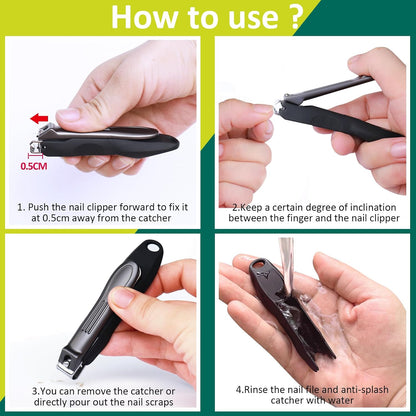 GLAMFIELDS Nail Clippers with No Splash Storage Box, Large Fingernail Toenail Clipper Detachable Easy Clean Nail Cutter Trimmer with Nail Files for Men & Women, Leather Case Packed Black (1 Pack)