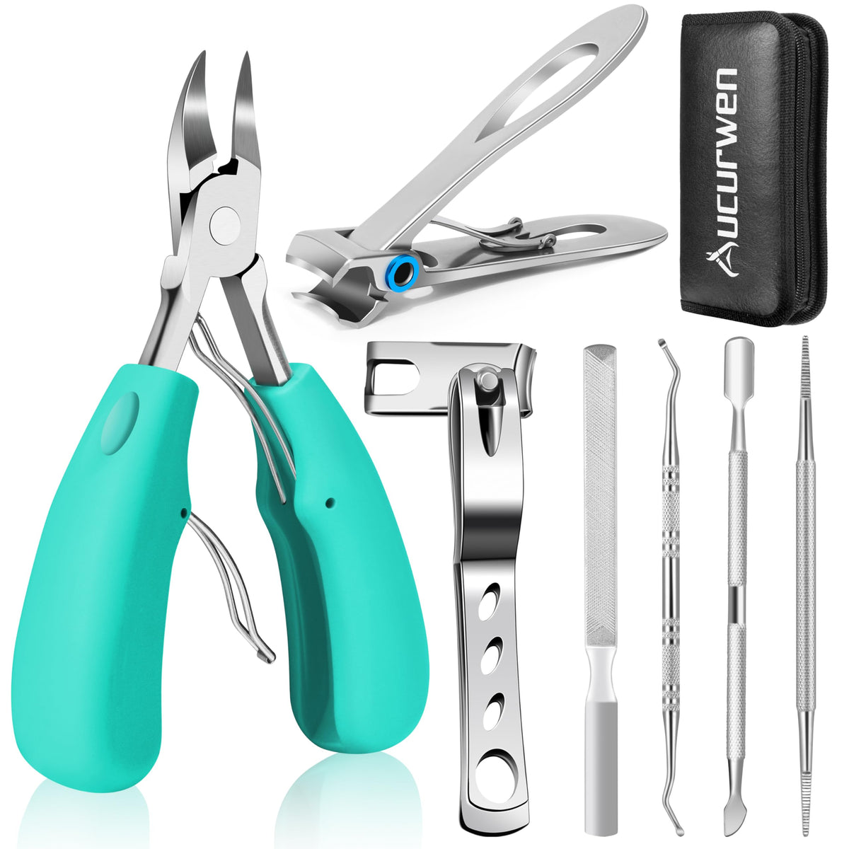 Toenail Clippers for Seniors Thick Toenails, Aucurwen Heavy Duty Toe Nail Clippers Adult Thick Nails Long Handle, Large Toenail Clippers for Thick Nails 7Pcs