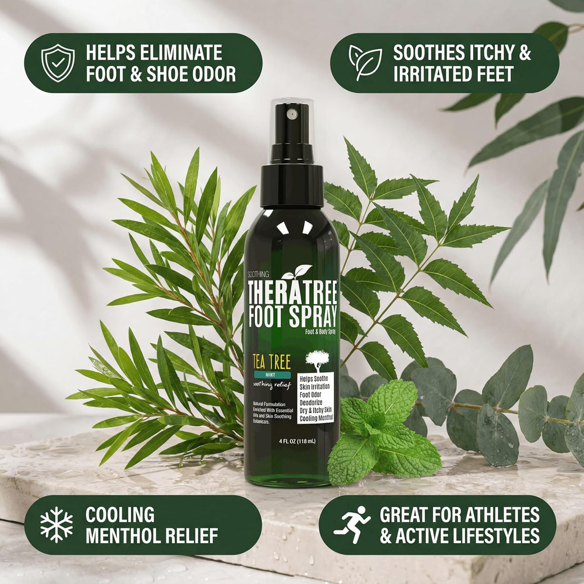 TheraTree Tea Tree Oil Foot Spray Shoe Deodorant, Neem MSM, Menthol, 4Fl Oz