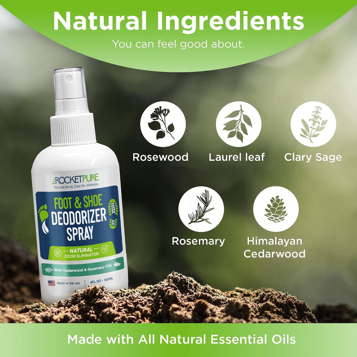 Rocket Pure Natural Foot and Shoe Deodorizer Spray, Cedar, 4 fl oz