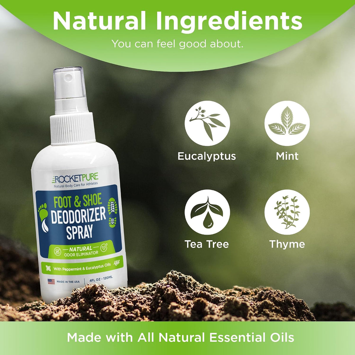 Rocket Pure Natural Foot and Shoe Deodorizer Spray, Mint, 4 fl oz, 1-Pack