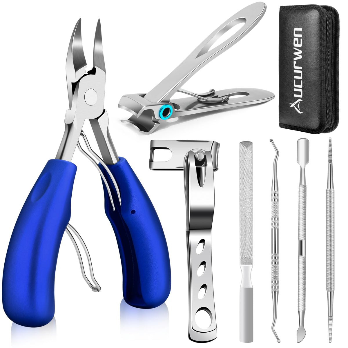 Toenail Clippers for Seniors Thick Toenails, Aucurwen Heavy Duty Toe Nail Clippers Adult Thick Nails Long Handle, Large Toenail Clippers for Thick Nails 7Pcs