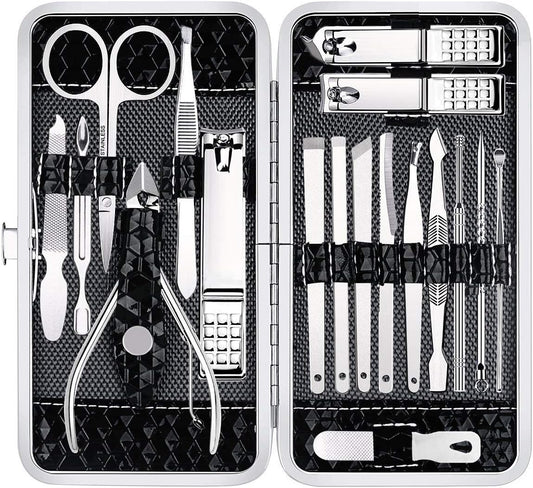 Yougai Manicure Set 18Pcs Stainless Steel Nail Clippers Set with Case Black