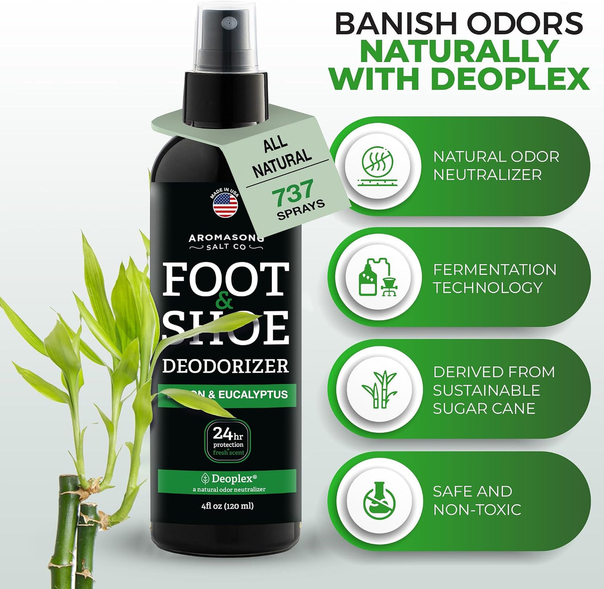 Aromasong Natural Shoe Deodorizer and Foot Spray - 24-Hour Freshness Foot Odor Eliminator for Feet - Extra Strength Fresher for Smelly Shoes & Stinky Feet Spray with Refreshing Scent, 4oz
