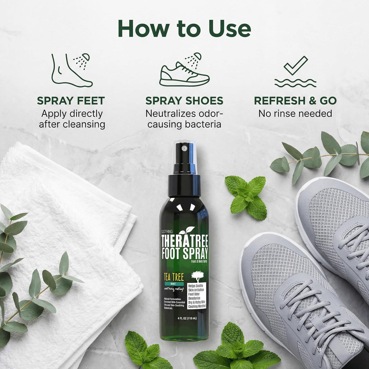 TheraTree Tea Tree Oil Foot Spray Shoe Deodorant, Neem MSM, Menthol, 4Fl Oz