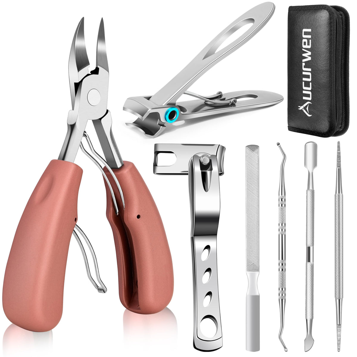 Toenail Clippers for Seniors Thick Toenails, Aucurwen Heavy Duty Toe Nail Clippers Adult Thick Nails Long Handle, Large Toenail Clippers for Thick Nails 7Pcs
