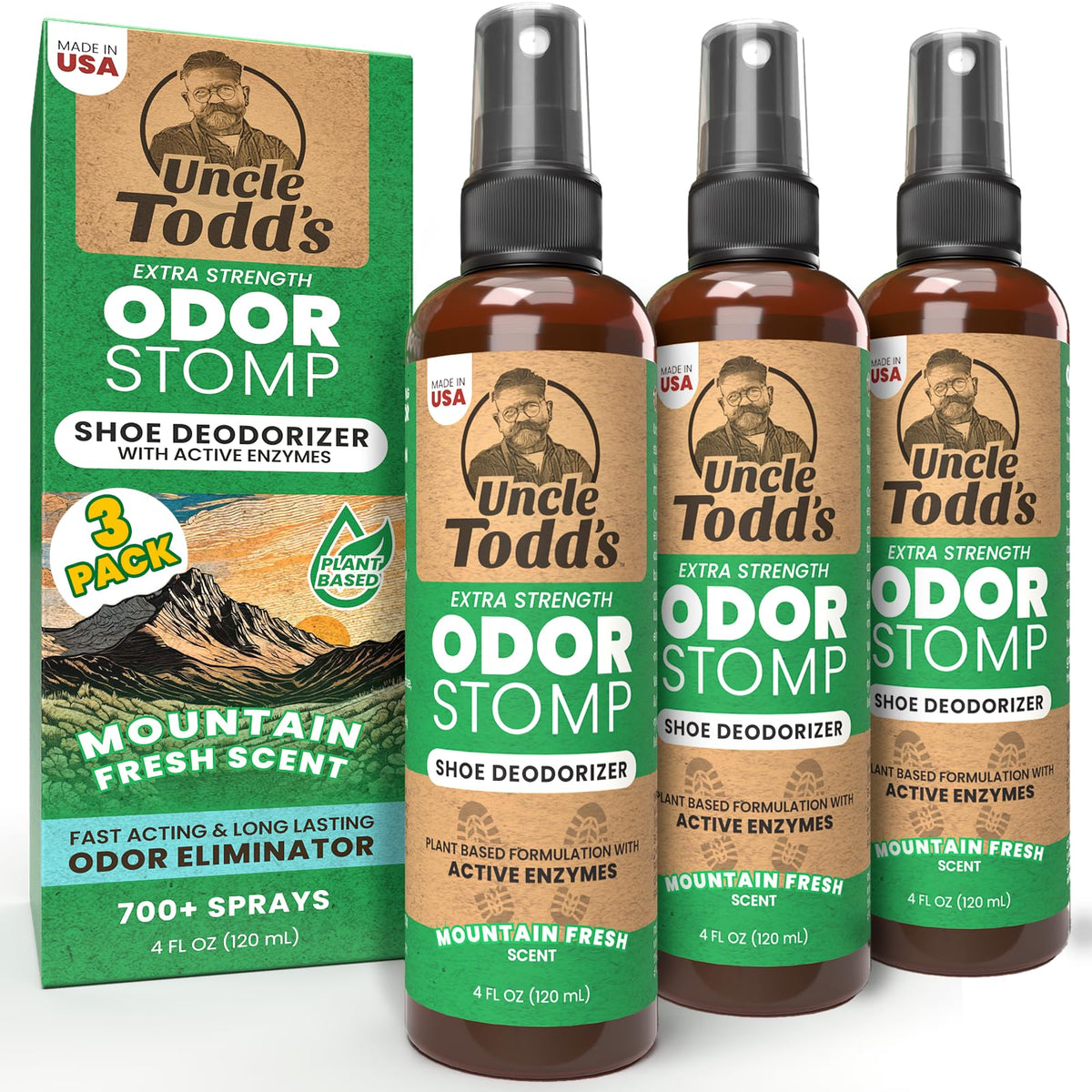 Uncle Todd's Odor Stomp Shoe Deodorizer 2-Pack - Proven & Powerful Enzyme Shoe Spray for Odor Elimination in All Footwear