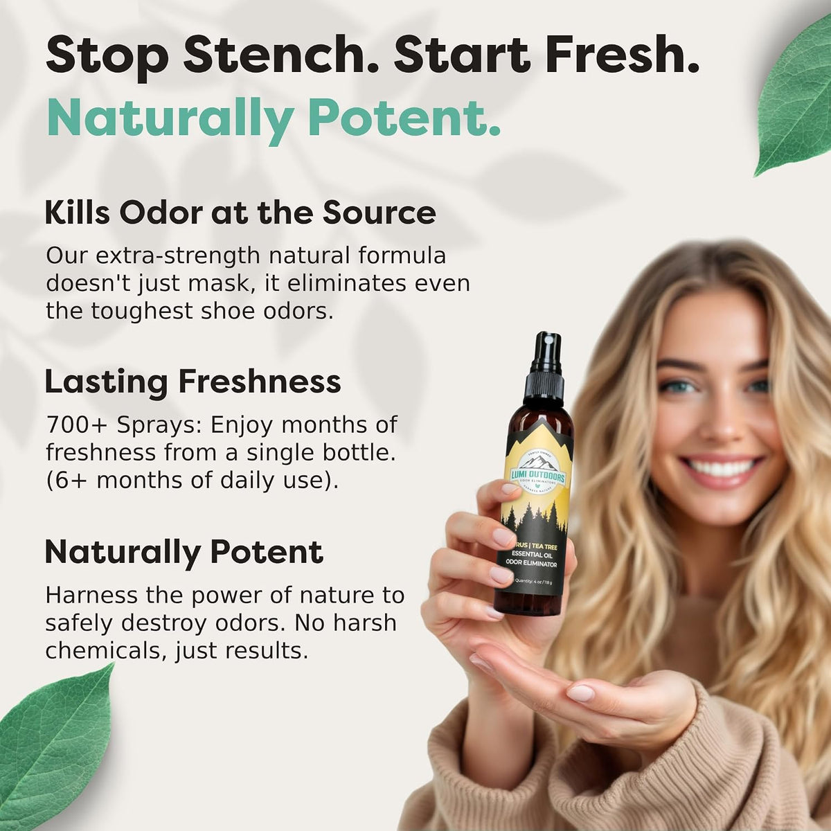 Lumi Outdoors Natural Shoe Deodorizer Spray & Odor Eliminator - Fresh Citrus Tea Tree Essential Oil Odor Eater