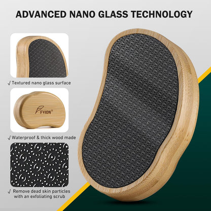FVION Nano Glass Foot File with Bamboo Handle - Foot Scrubber Dead Skin Pumice Stone for Feet - The Ultimate Gentle Pedicure File Feet Callus Remover (Yellow)