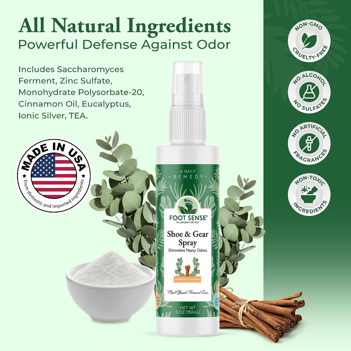 Foot Sense – Shoe Deodorizer & Foot Spray – Natural Foot & Shoe Odor Eliminator for Smelly Feet, Shoes & Sports Gear, Long-Lasting Refreshener for Adults & Kids – 5oz