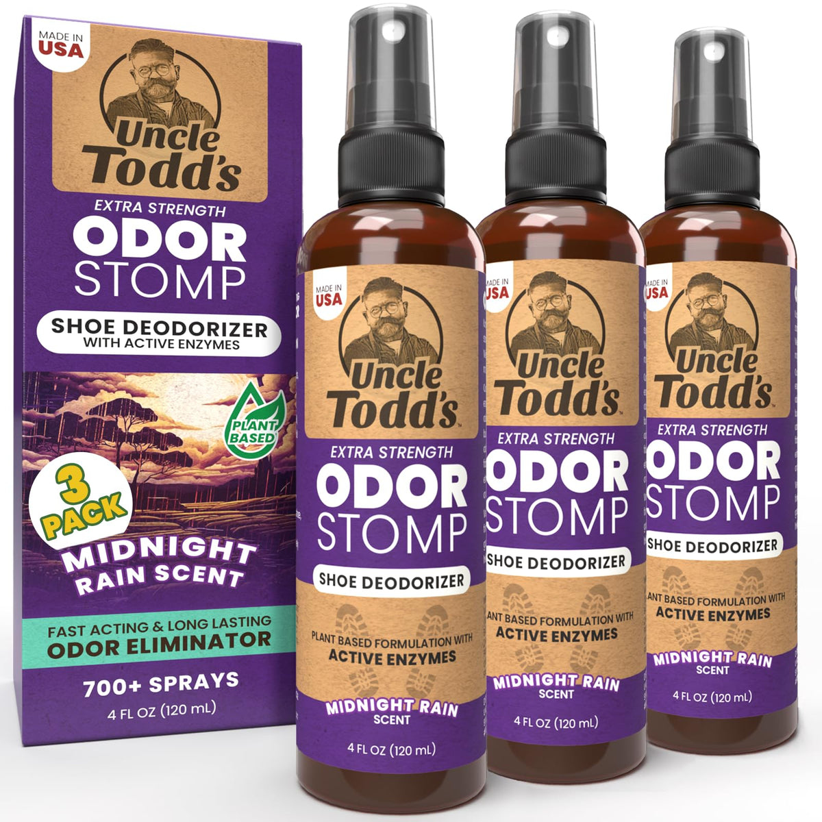 Uncle Todd's Shoe Deodorizer Spray - Proven & Powerful Enzyme Formula Spray for Shoe Odor Elimination in All Footwear (Midnight Rain)