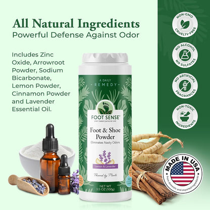 FOOT SENSE All Natural Foot & Shoe Powder, Foot Odor Eliminator for Long-Lasting Odor Control Lasts up to 6 Months, Deodorizes, Safe for Men, Women, Kids, Athletes, 100g