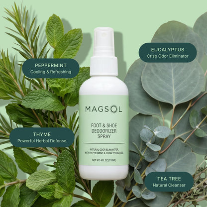 Magsol Natural Shoe Deodorizer & Foot Spray, Peppermint, Tea Tree & Eucalyptus Essential Oil Odor Eliminator for Sneakers, Work Boots & Gym Bags, Fast-Acting Foot Deodorant, 4 Fl Oz