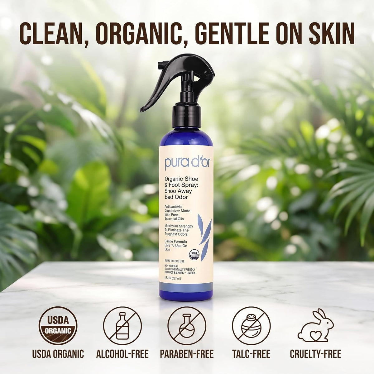 PURA D'OR Organic Shoe & Foot Odor Eliminator Spray (8oz) Deodorizes & Removes Bad Smells with Eucalyptus, Peppermint, Tea Tree, Lemongrass Essential Oil, Maximum Strength (Packaging may vary)