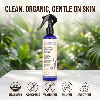 PURA D'OR Organic Shoe & Foot Odor Eliminator Spray (8oz) Deodorizes & Removes Bad Smells with Eucalyptus, Peppermint, Tea Tree, Lemongrass Essential Oil, Maximum Strength (Packaging may vary)