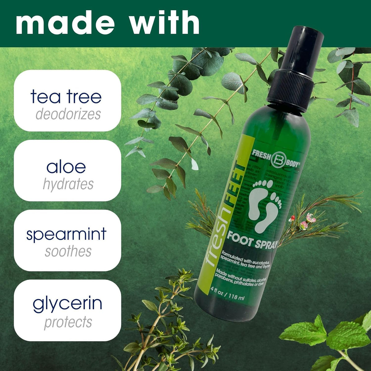 Fresh Feet Foot Spray for Smelly Feet, Boots & Shoe Odor, 4oz - Made without Parabens, Dyes, Sulfates or Alcohol by Fresh Body