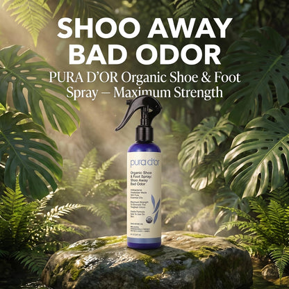 PURA D'OR Organic Shoe & Foot Odor Eliminator Spray (8oz) Deodorizes & Removes Bad Smells with Eucalyptus, Peppermint, Tea Tree, Lemongrass Essential Oil, Maximum Strength (Packaging may vary)