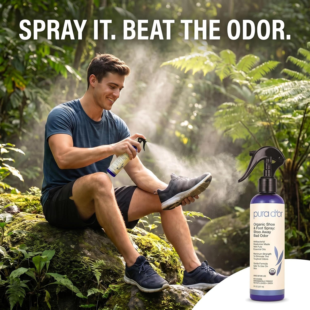 PURA D'OR Organic Shoe & Foot Odor Eliminator Spray (8oz) Deodorizes & Removes Bad Smells with Eucalyptus, Peppermint, Tea Tree, Lemongrass Essential Oil, Maximum Strength (Packaging may vary)
