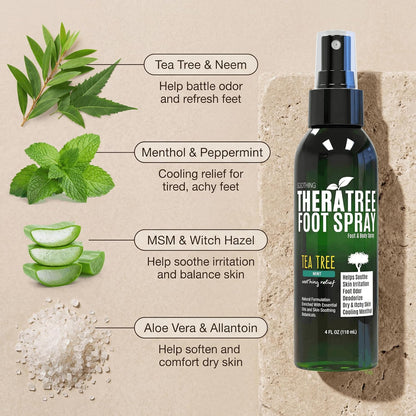 TheraTree Tea Tree Oil Foot Spray Shoe Deodorant, Neem MSM, Menthol, 4Fl Oz