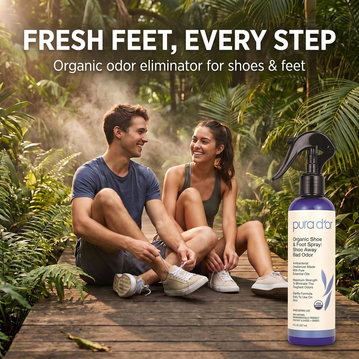 PURA D'OR Organic Shoe & Foot Odor Eliminator Spray (8oz) Deodorizes & Removes Bad Smells with Eucalyptus, Peppermint, Tea Tree, Lemongrass Essential Oil, Maximum Strength (Packaging may vary)