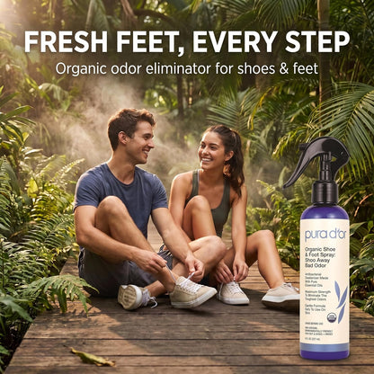 PURA D'OR Organic Shoe & Foot Odor Eliminator Spray (8oz) Deodorizes & Removes Bad Smells with Eucalyptus, Peppermint, Tea Tree, Lemongrass Essential Oil, Maximum Strength (Packaging may vary)