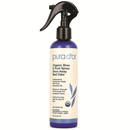 PURA D'OR Organic Shoe & Foot Odor Eliminator Spray (8oz) Deodorizes & Removes Bad Smells with Eucalyptus, Peppermint, Tea Tree, Lemongrass Essential Oil, Maximum Strength (Packaging may vary)