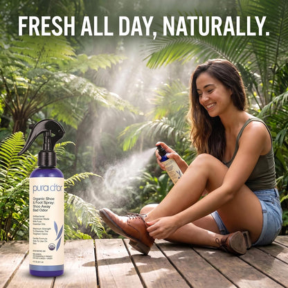 PURA D'OR Organic Shoe & Foot Odor Eliminator Spray (8oz) Deodorizes & Removes Bad Smells with Eucalyptus, Peppermint, Tea Tree, Lemongrass Essential Oil, Maximum Strength (Packaging may vary)